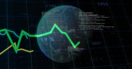 Fototapeta premium Displaying 3D globe in HUD, showing neon green, yellow graphs ending in down arrow, numeric labels