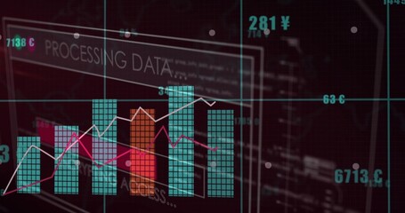 Displaying clustered tiled bar chart centering on dark monitor plane, with magenta and white lines © vectorfusionart