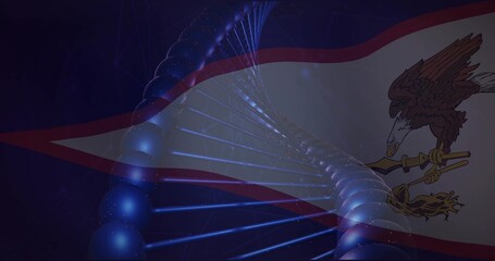 Naklejka premium Glowing blue DNA helix running diagonally in studio, showing flag and eagle clutching war club