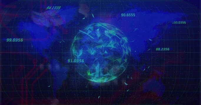 Displaying central polygonal globe emitting shards over curved grid, showing teal readouts