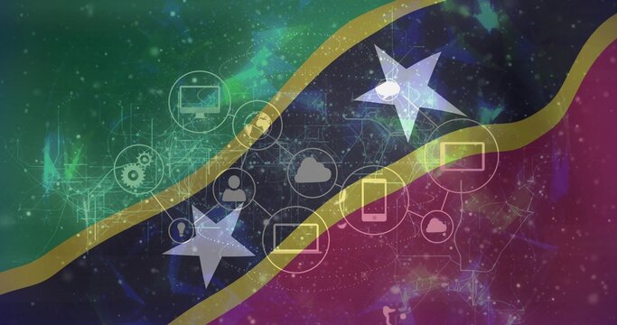 Displaying central tech composite shifting across digital banner, with cloud monitor phone icons