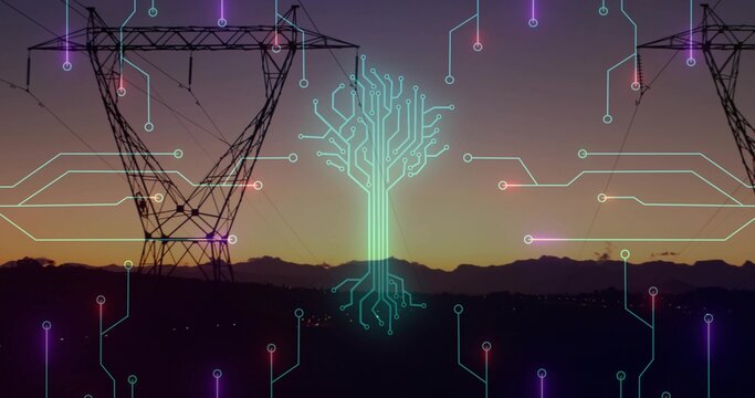 Glowing circuit-tree graphic hovering over valley at dusk, with transmission towers and power lines