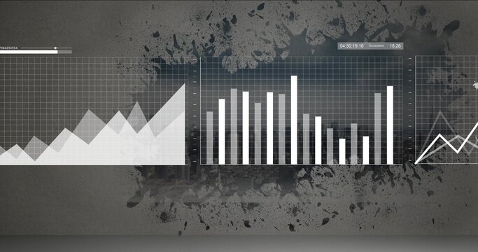Displaying three translucent chart panels showing data on concrete wall, with tall bar and HUD