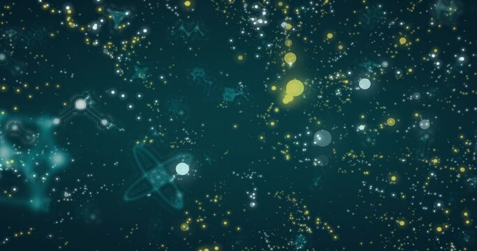Pulsing particle field glowing on deep teal backdrop, with luminous points, orbs, cyan motifs