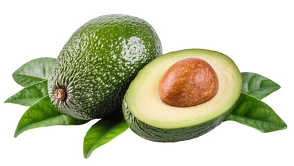Ripe green avocado fruit one halved revealing creamy flesh and large seed, isolated on transparent background for healthy food marketing