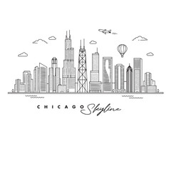 Obraz premium Chicago Skyline Outline Icon Vector, Minimal Line Art City Illustration