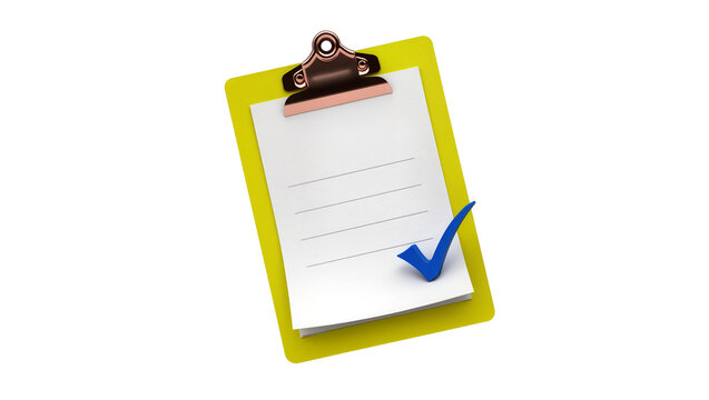 Bright yellow clipboard holding blank lined paper with a prominent blue checkmark, isolated on transparent background for business reports and checklists