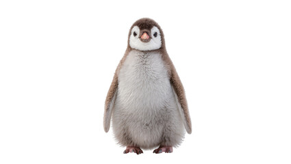 Fluffy baby penguin chick with soft gray down feathers and orange beak, isolated on transparent background for educational materials and wildlife designs © Nuria