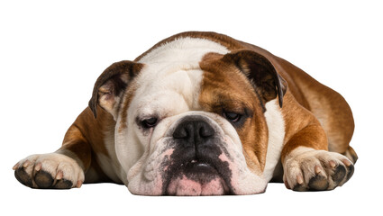 Obraz premium Relaxed adult English bulldog lying down with wrinkled face and brown patches, isolated on transparent background for pet adoption posters