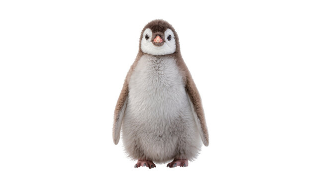 Fluffy baby penguin chick with soft gray down feathers and orange beak, isolated on transparent background for educational materials and wildlife designs