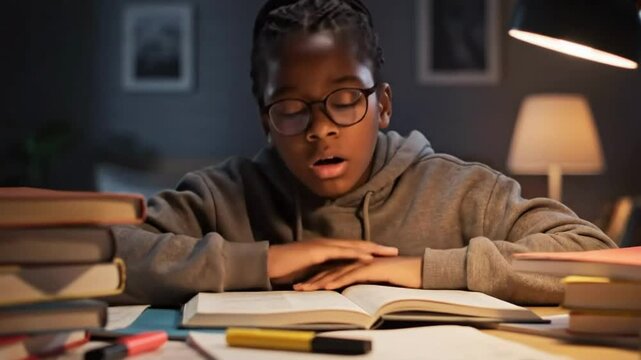 Young student falls asleep while studying late at night with books and desk lamp