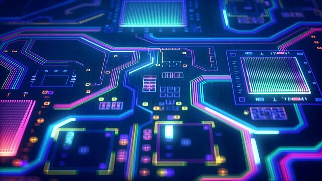 Vivid Electronic Circuitry. Vibrant Motherboard Detail Showcasing Glowing Circuits And Reflective Solder