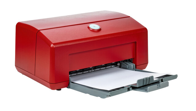 Sleek red dot matrix printer with open paper tray displaying a sheet of paper, isolated on transparent background for technical diagrams
