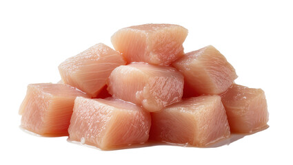 Pile of raw pink chicken breast cubes neatly arranged and ready for cooking, isolated on transparent background for culinary applications © Patricia