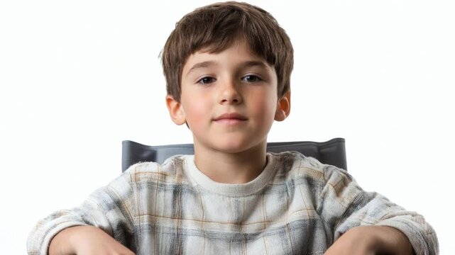 Handsome little boy looking and blinking while sitting at a table on a white background