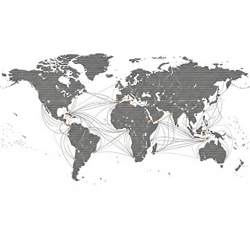 A vector graphic illustration of a world map with lines connecting various countries and cities, representing global connections and international travel.
