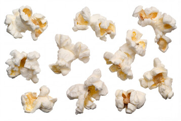 Fototapeta premium Popcorn pieces scattered isolated on white background snack food texture pattern