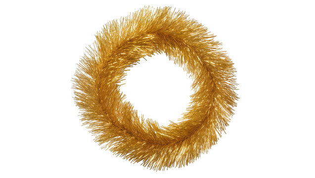 Shimmering golden tinsel garland intricately coiled into a circular festive wreath, isolated on transparent background for holiday decorations