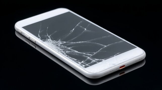 White smartphone with shattered screen glass isolated on black background. Damaged mobile phone display. Concept of broken device, tech repair service, accident, crash and electronic failure.