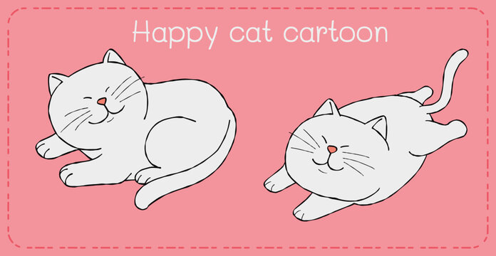 Happy cat cartoon illustration pink background smiling white cat cute feline drawing playful kitty character relaxed pet art