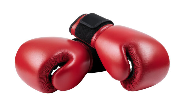 Vibrant red boxing gloves with black wrist straps and textured knuckles, isolated on transparent background for sports marketing and fitness designs