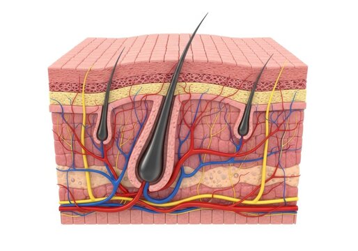 3d crosssection illustration of human skin anatomy with hair follicles and blood vessels isolated on white background