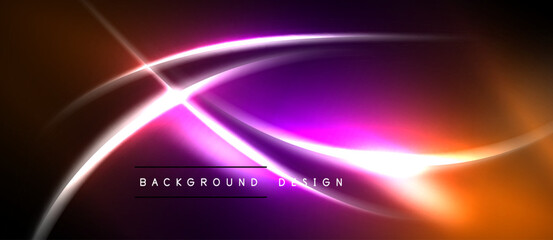 Obraz premium Abstract neon lights create vibrant energy. Orange, purple hues blend with black background. Dynamic curves suggest movement, depth.