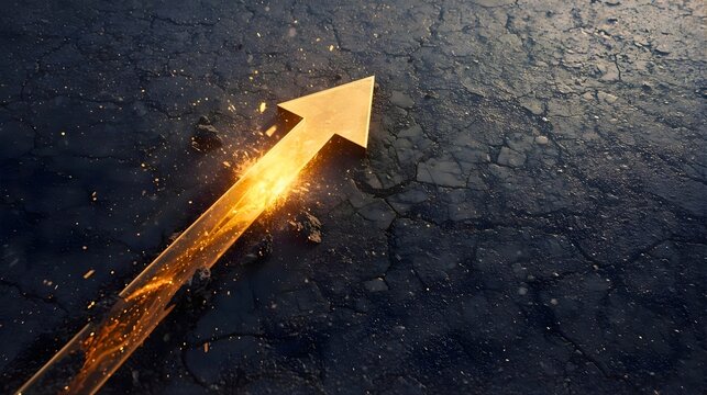 Glowing golden arrow shattering aggressively upward through cracked asphalt