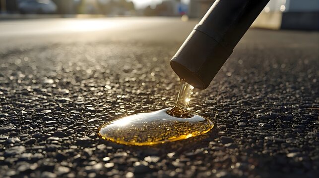 Cut gas station pump hose spilling golden liquid drops on asphalt
