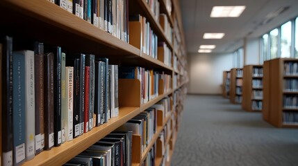 Obraz premium Rows of bookshelves filled with books in a quiet modern library interior