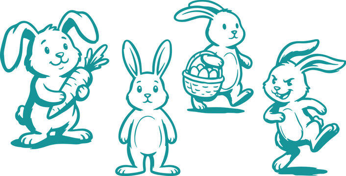 Hand Drawn Bunny Rabbit Silhouette Vector Illustration Set with Cute Easter Animal Character and Cartoon Design.