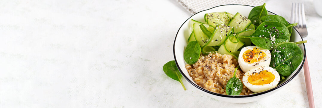 Balanced Diet Breakfast with Superfoods and Egg in Minimal Style. Overhead