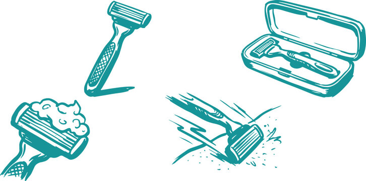 Hand Drawn Razor Shaving Silhouette Vector Illustration Set with Beard Trimmer Grooming Kit and Personal Care Design.