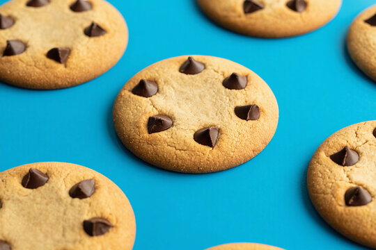 chocolate chunk cookies on a bright blue background.