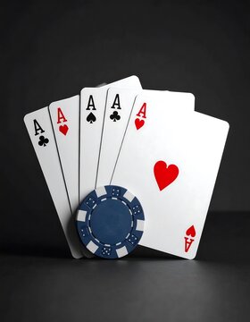 Close-up studio shot featuring four playing card aces, aligned fan-like, with a blue poker chip. Set against a dark background