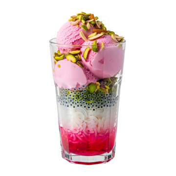 Traditional falooda dessert with pink rose ice cream, layered glass of falooda with vermicelli and basil seeds, sweet persian sundae with pistachios