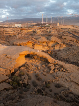 Aerial view of rugged coastline and wind turbines under a soft, diffused light creating a tranquil, almost otherworldly landscape, Tenerife, Canary Islands, Spain.