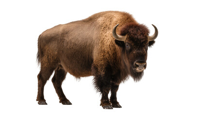 Majestic American bison standing alert with thick brown fur curved horns and a shaggy beard, isolated on transparent background for wildlife designs © Patricia