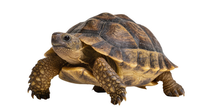 Detailed brown tortoise with textured shell and scaled legs, slowly crawling forward isolated on transparent background for animal studies