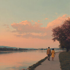 Fototapeta premium young couple strolls hand in hand along picturesque path bathed in warm glow of sunset