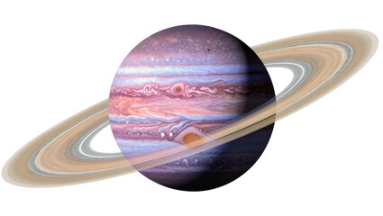 Vibrant gas giant Jupiter with swirling orange brown and white cloud bands encircled by faint tan rings, isolated on transparent background for space visuals © Pablo