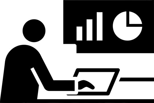 Man working on laptop with data analysis chart and graph on screen. Business presentation or analytics concept. Vector icon for website ui