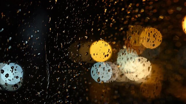 Blurred car lights on the other side of a glass window.