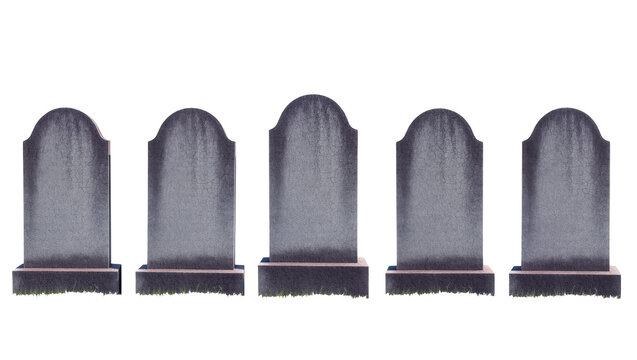 Five weathered gray granite headstones with ornate carvings and mossy bases, isolated on transparent background for memorial design projects