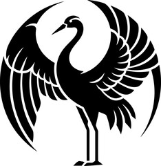 Obraz premium Stylized majestic crane bird with outstretched wings within a circular shape. Traditional oriental symbol of longevity and good fortune vector illustration