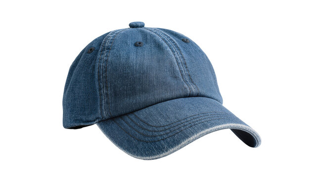 Worn indigo denim baseball cap with adjustable strap and slightly frayed edges, isolated on transparent background for apparel mockups