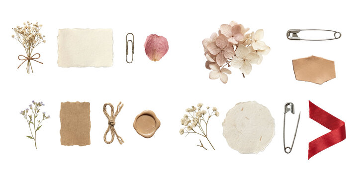 A charming collection of vintage and natural craft elements, including dried flowers, paper, and ribbon.