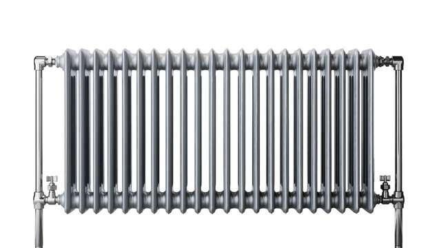 Sleek chrome radiator with vertical ribbed design and ornate end caps, isolated on transparent background for interior design projects