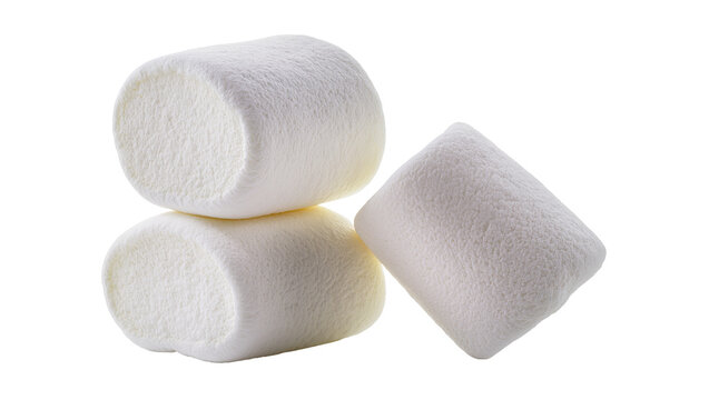 Fluffy white marshmallow candies three puffy confections arranged casually, isolated on transparent background for sweet treats and desserts