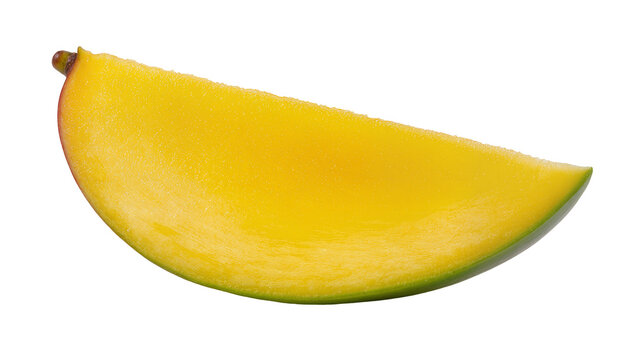 Ripe yellow mango slice with vibrant flesh and textured skin, isolated on transparent background for tropical fruit marketing designs